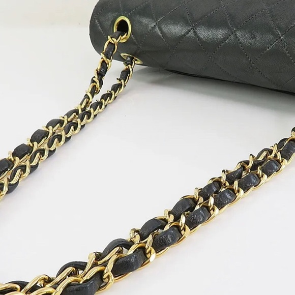 SOLD Auth CHANEL Double Flap Black Quilted Leather Gold Chain Shoulder Bag - Picture 7 of 13